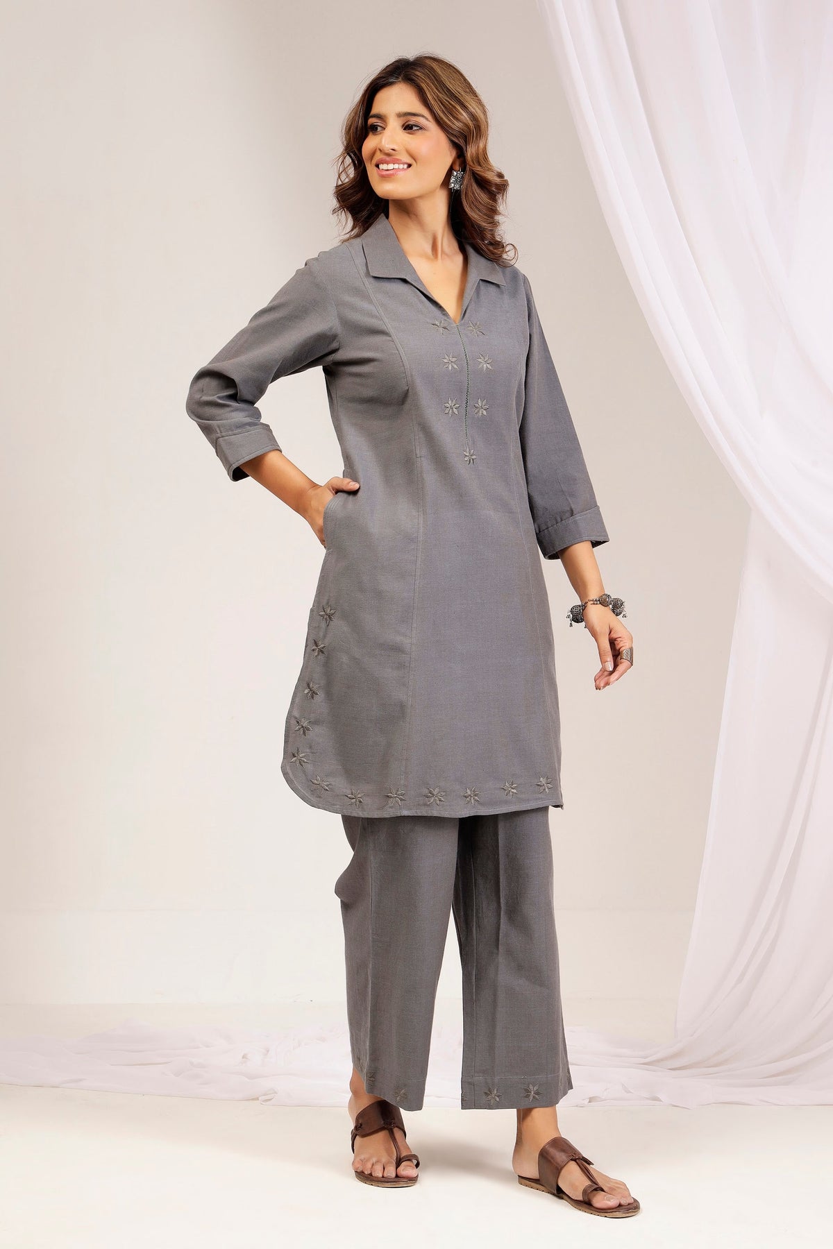 Ash Grey Handwoven Shot Cotton Shirt-Collar Co-ord Set