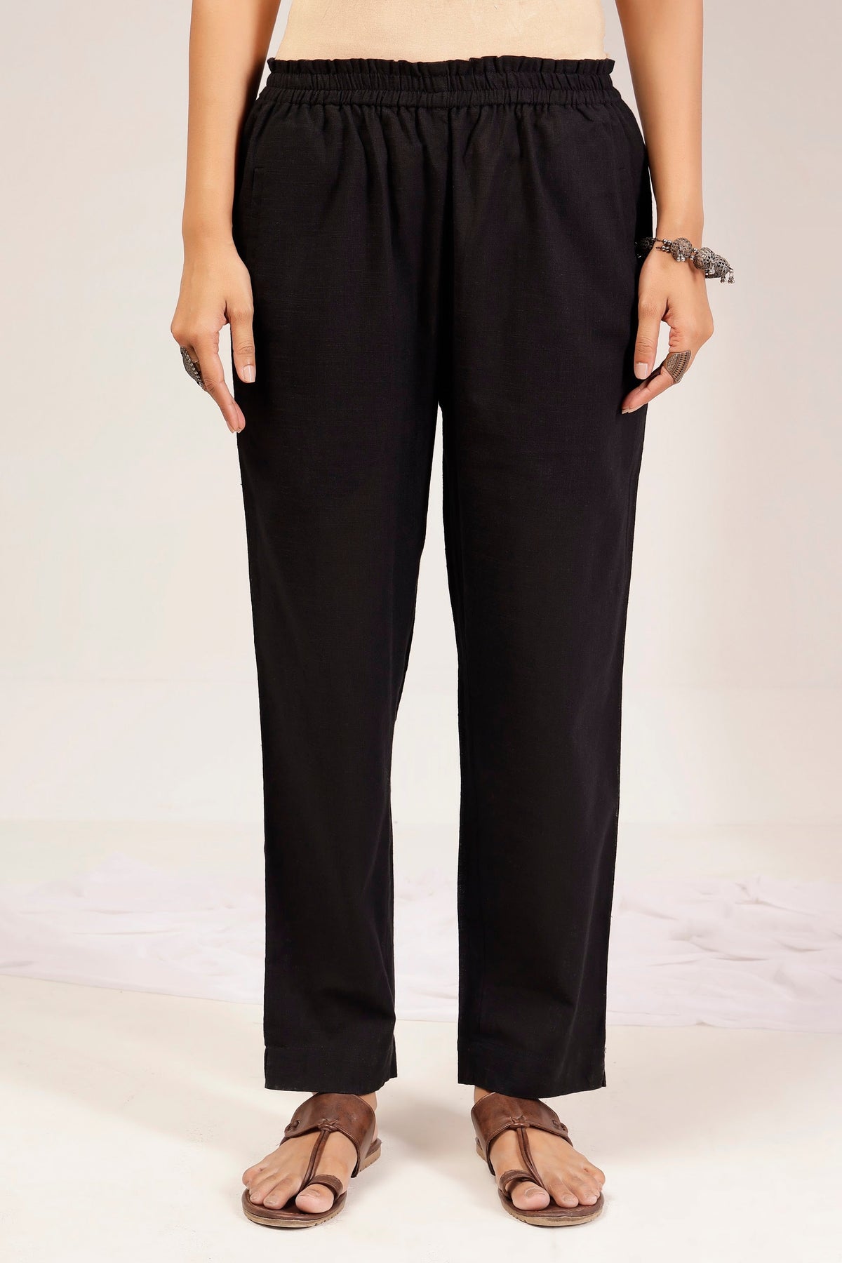 Classic Black Slub Cotton Comfort Trousers