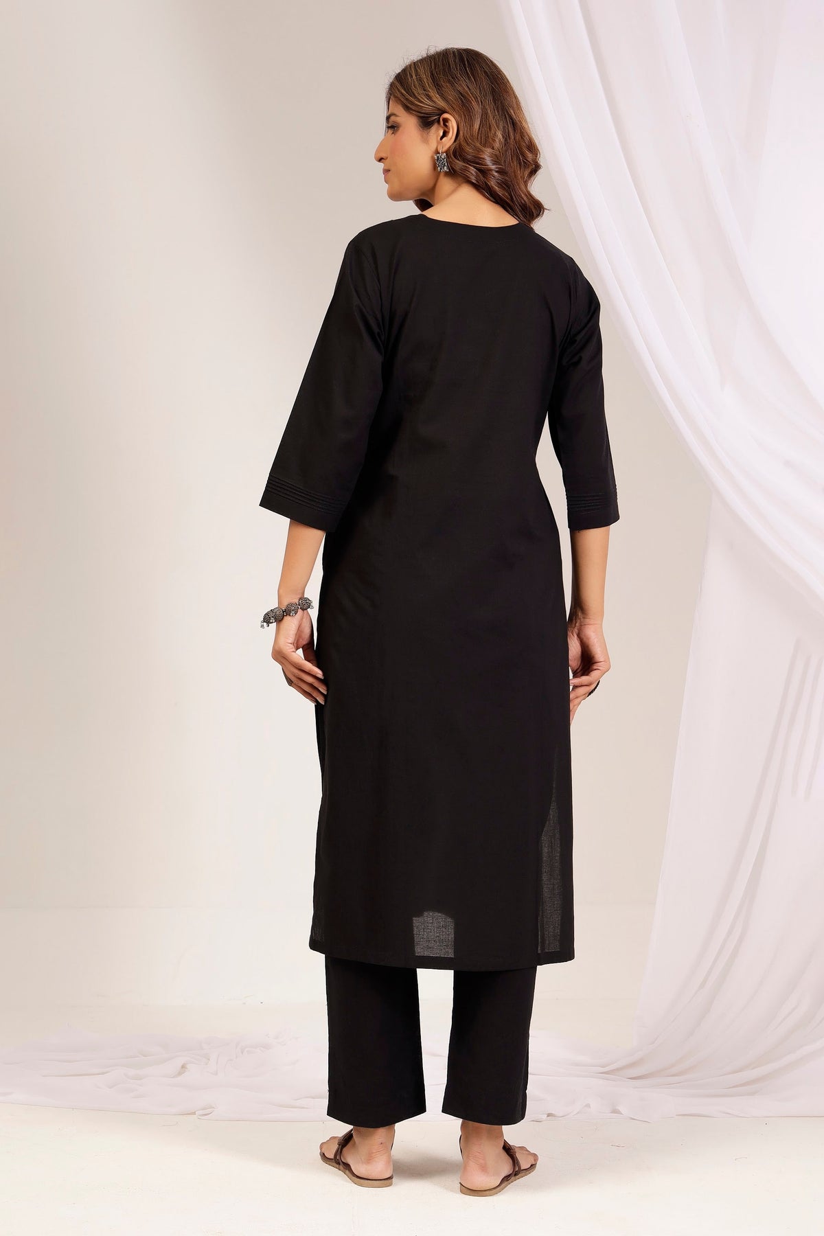 Classic Jet Black Cotton Poplin Pintuck Kurta