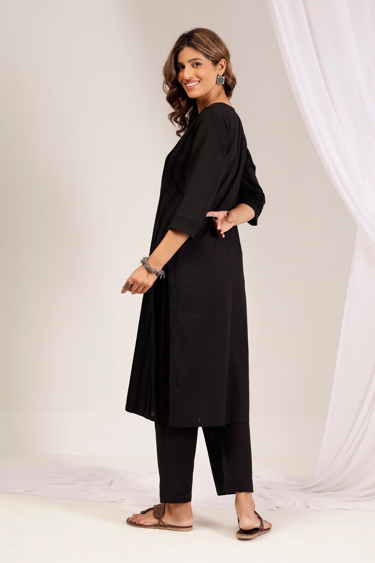 Classic Jet Black Cotton Poplin Pintuck Kurta