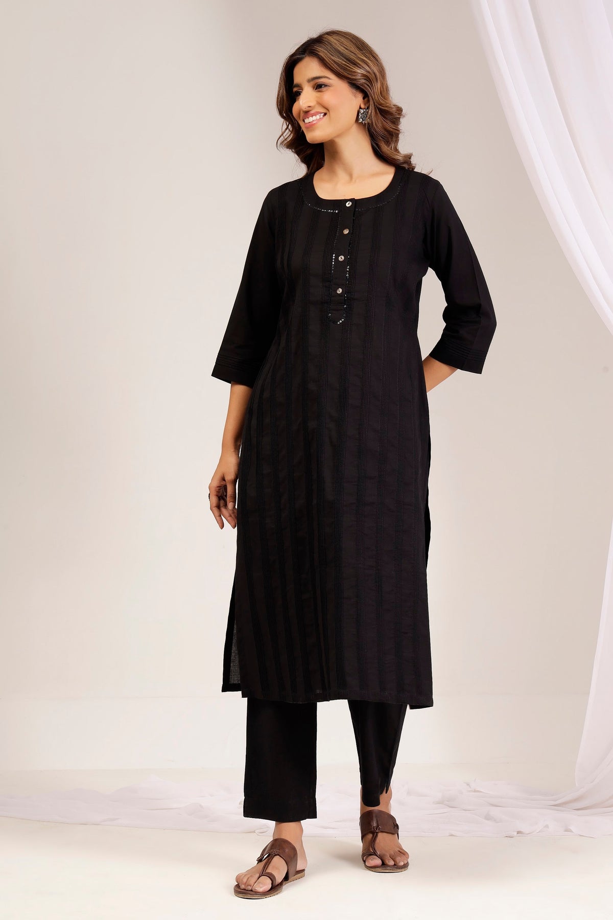 Classic Jet Black Cotton Poplin Pintuck Kurta
