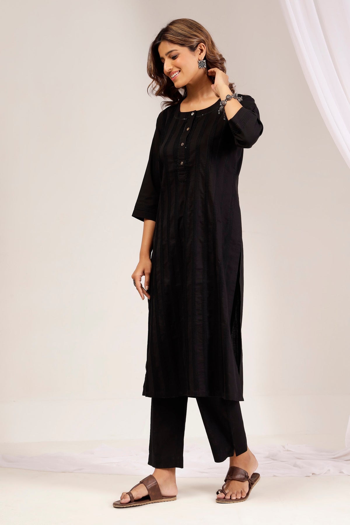 Classic Jet Black Cotton Poplin Pintuck Kurta
