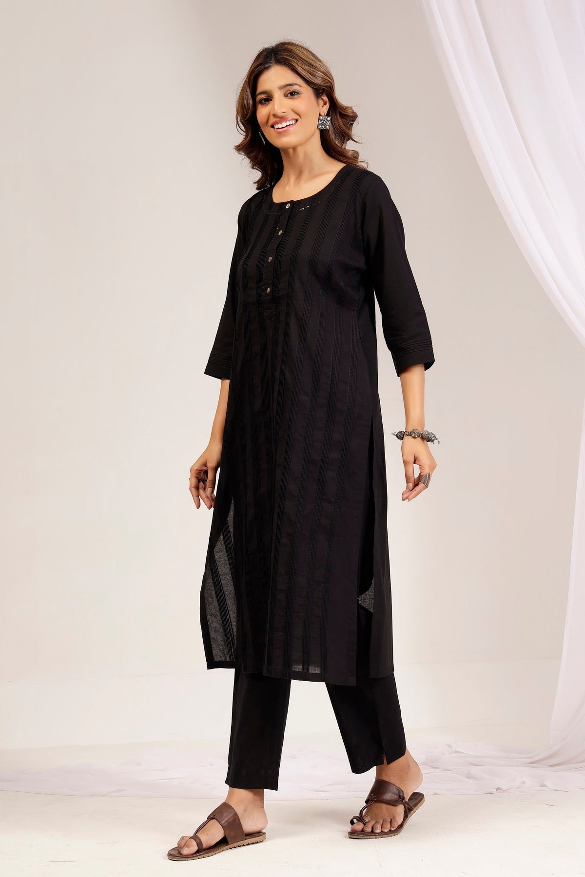 Classic Jet Black Cotton Poplin Pintuck Kurta