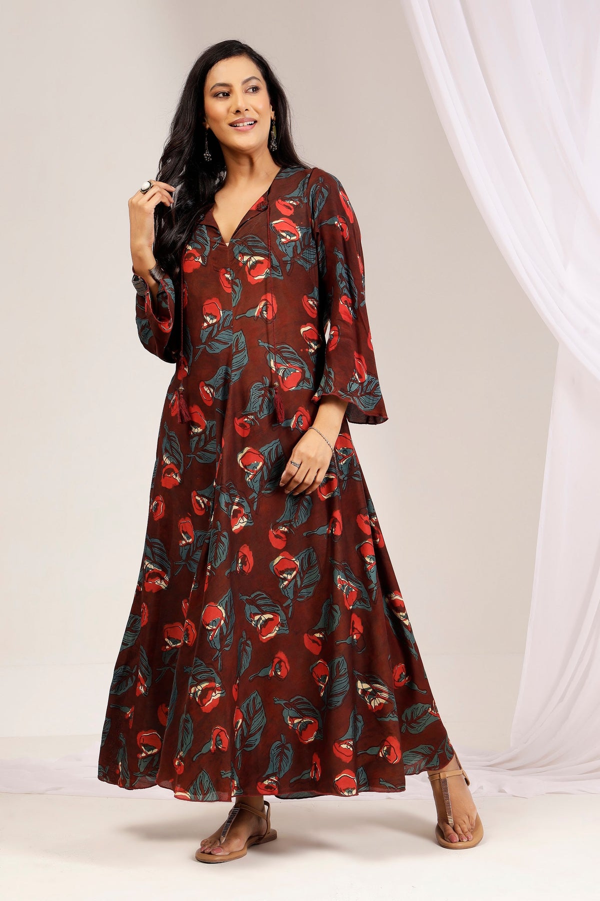 Terracotta Muslin Bias-Cut Maxi Dress with Tassel Neck