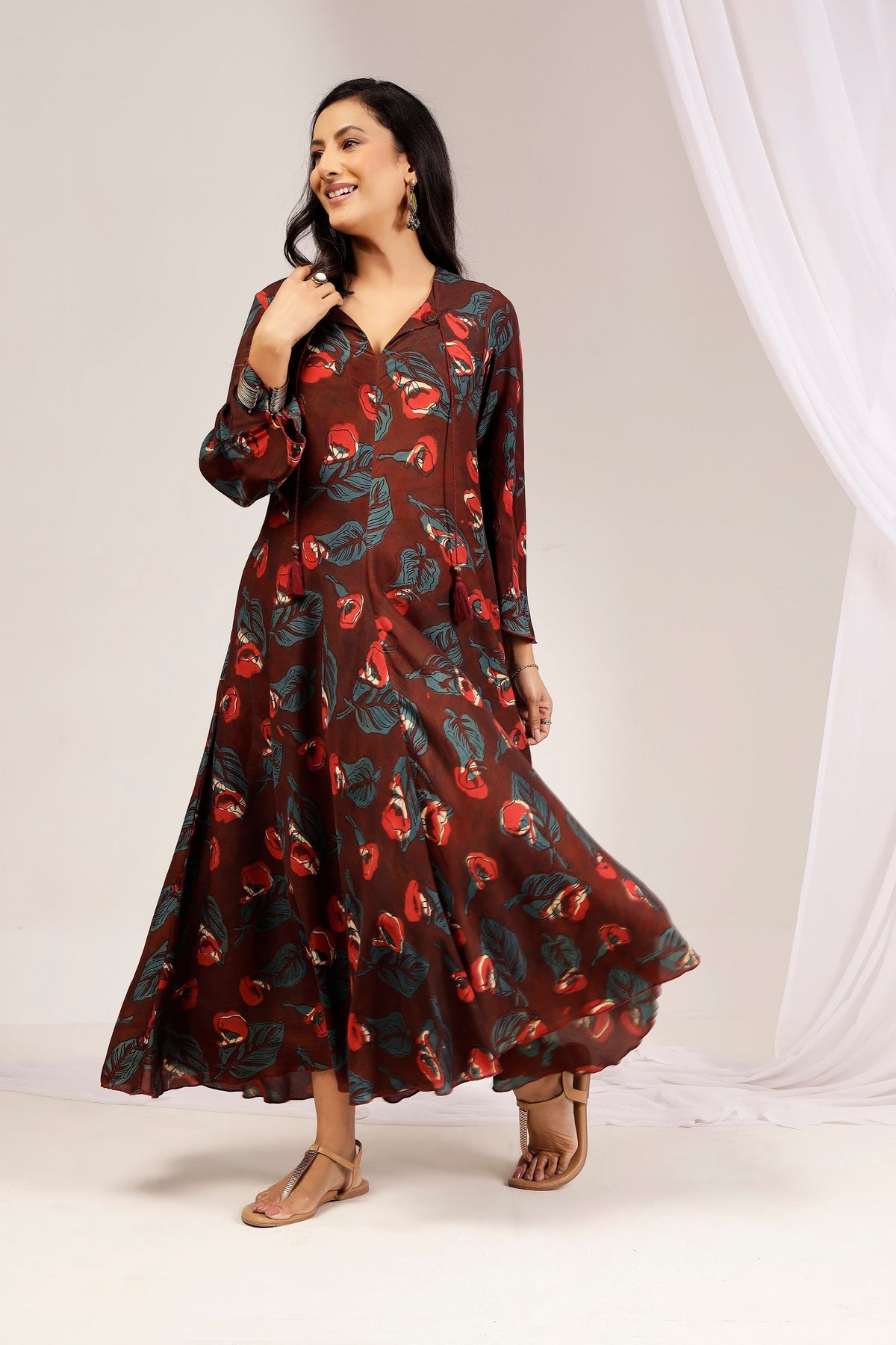 Terracotta Muslin Bias-Cut Maxi Dress with Tassel Neck