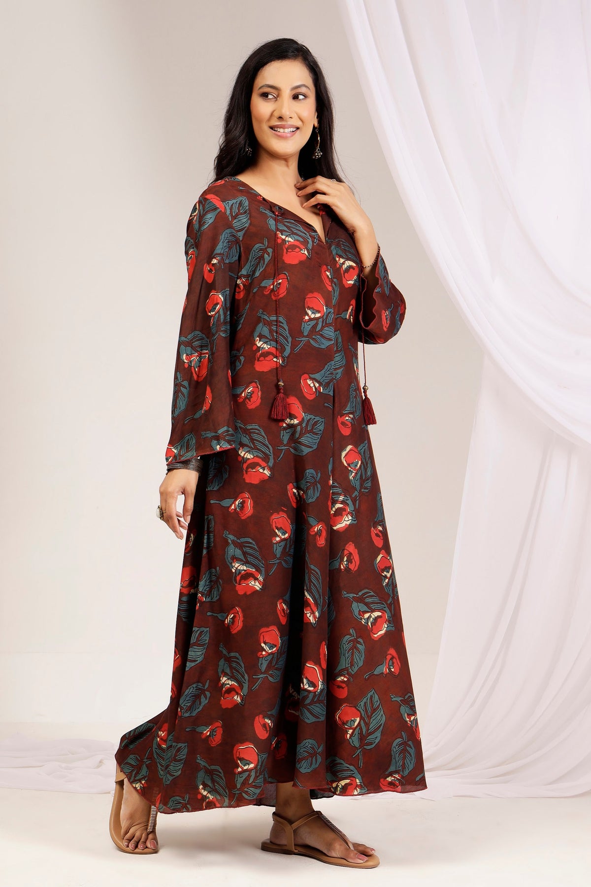Terracotta Muslin Bias-Cut Maxi Dress with Tassel Neck