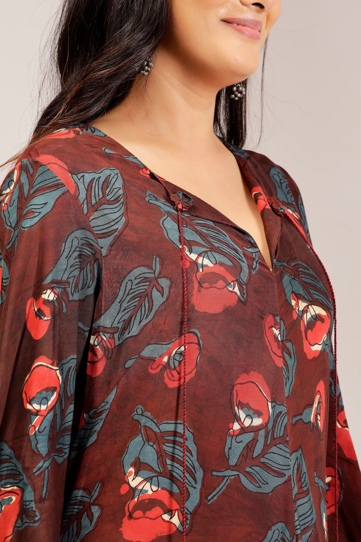 Terracotta Muslin Bias-Cut Maxi Dress with Tassel Neck