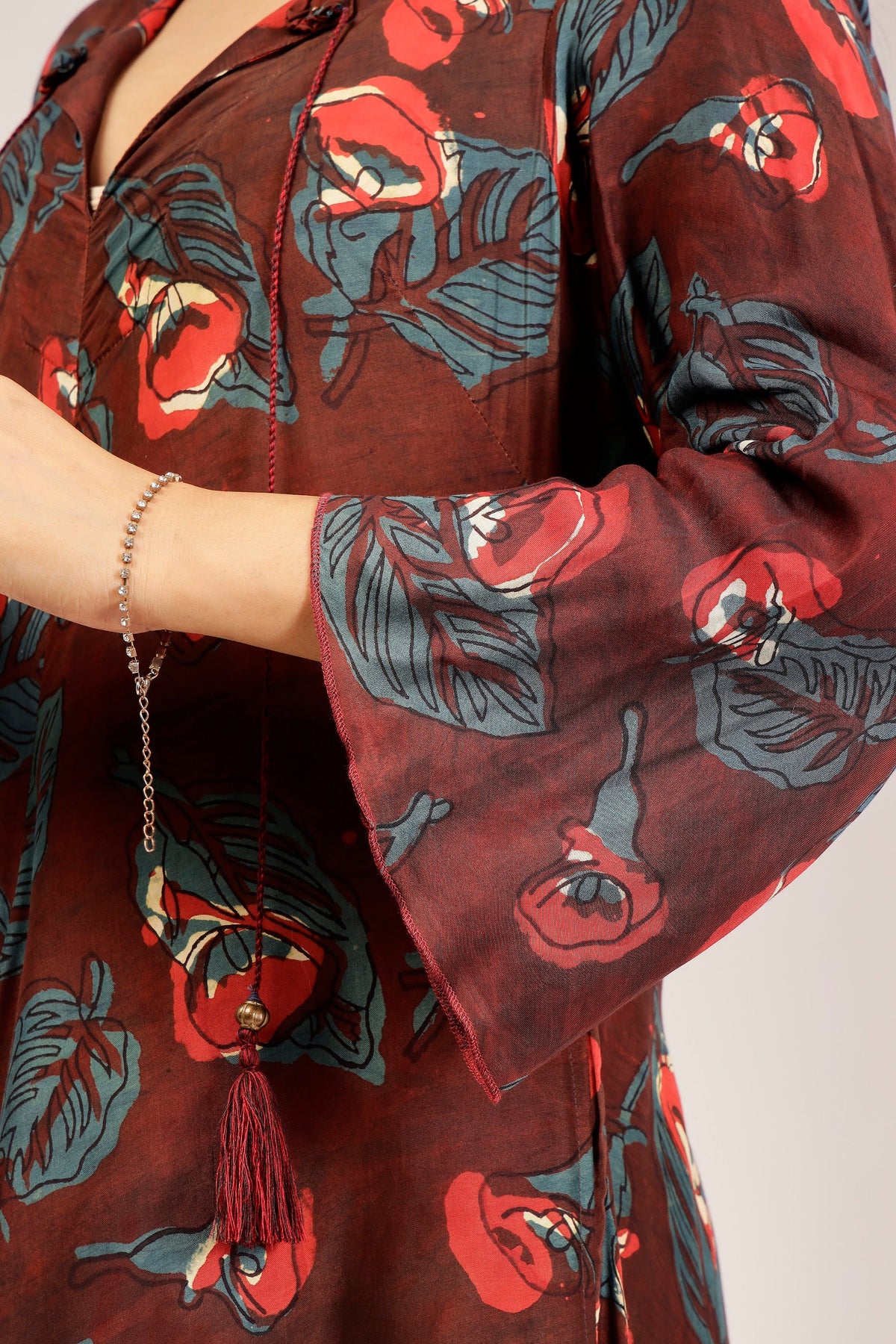 Terracotta Muslin Bias-Cut Maxi Dress with Tassel Neck