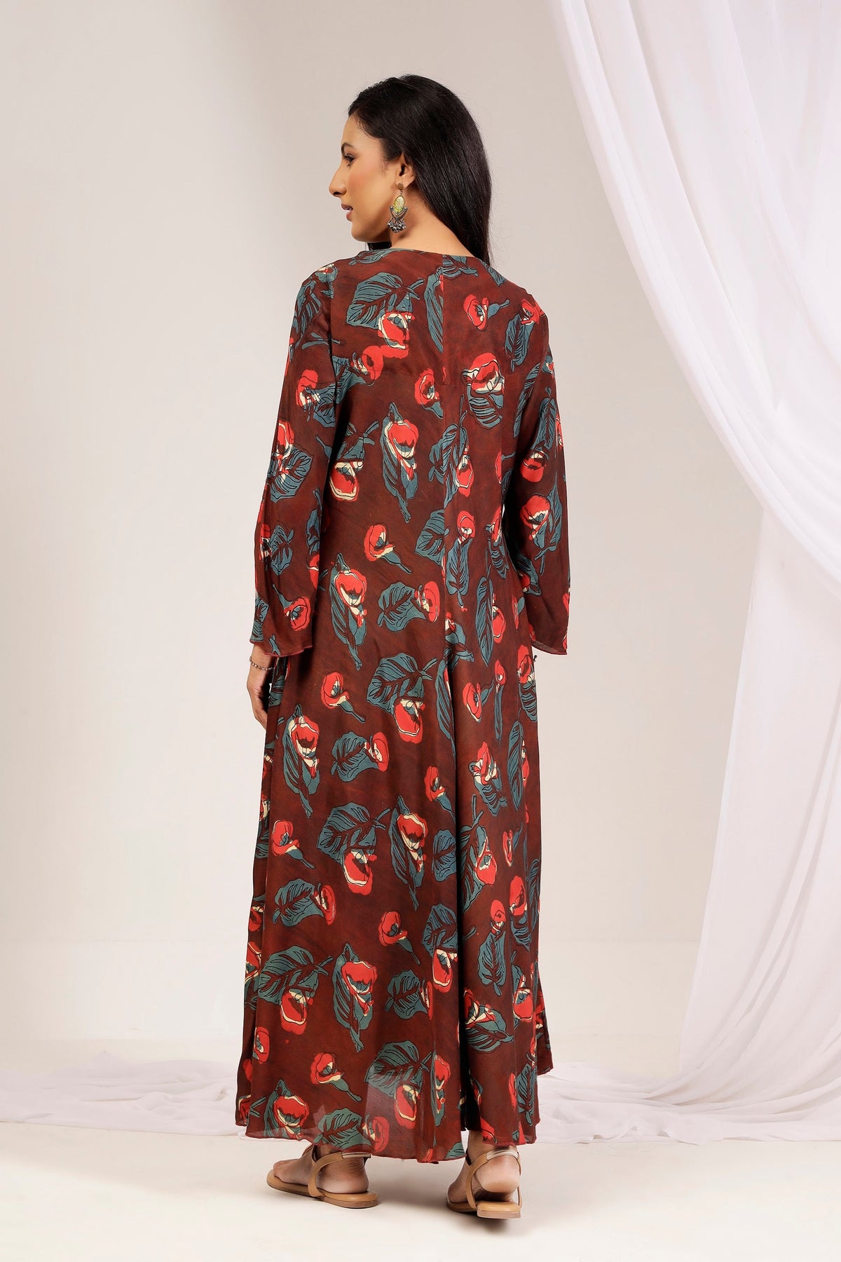 Terracotta Muslin Bias-Cut Maxi Dress with Tassel Neck