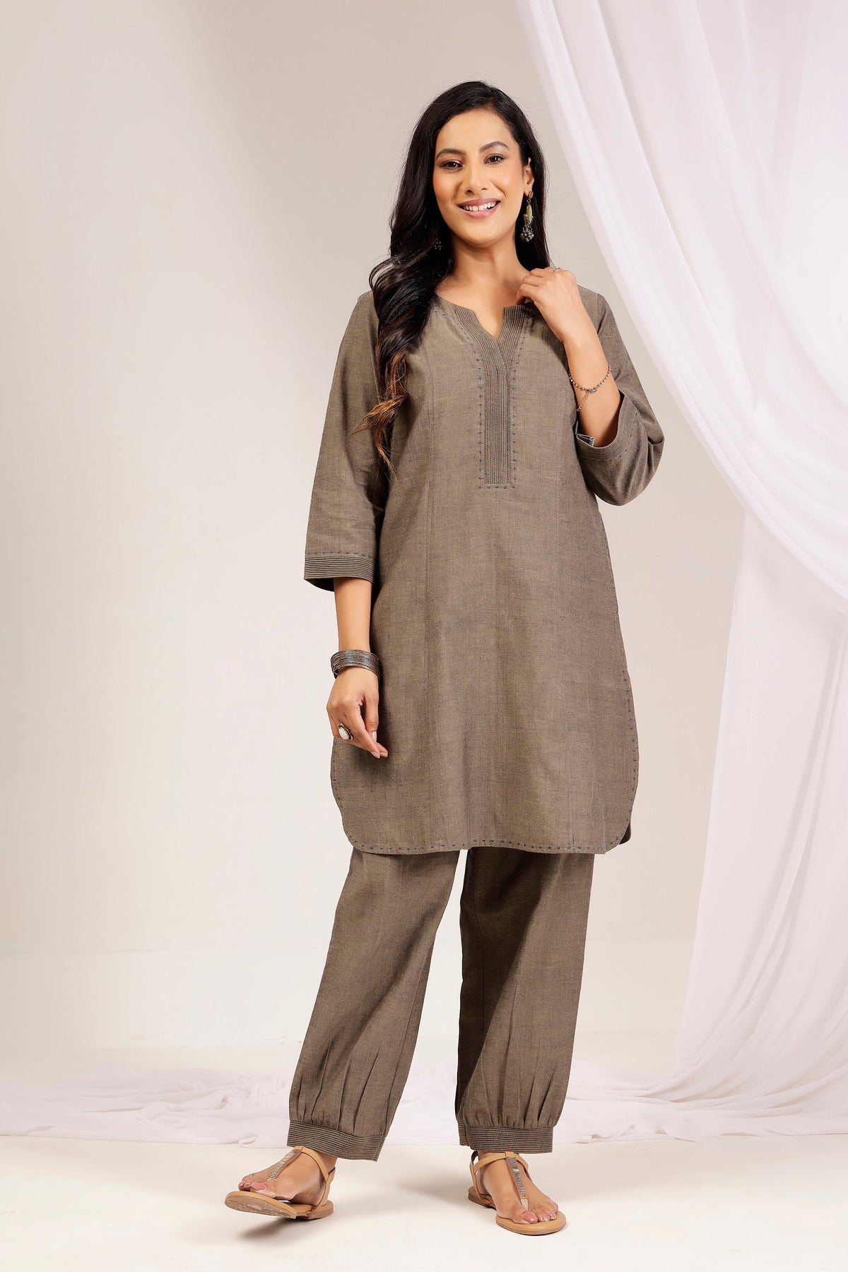 Taupe Handwoven Cotton Formal Tunic & Salwar Co-ord Set