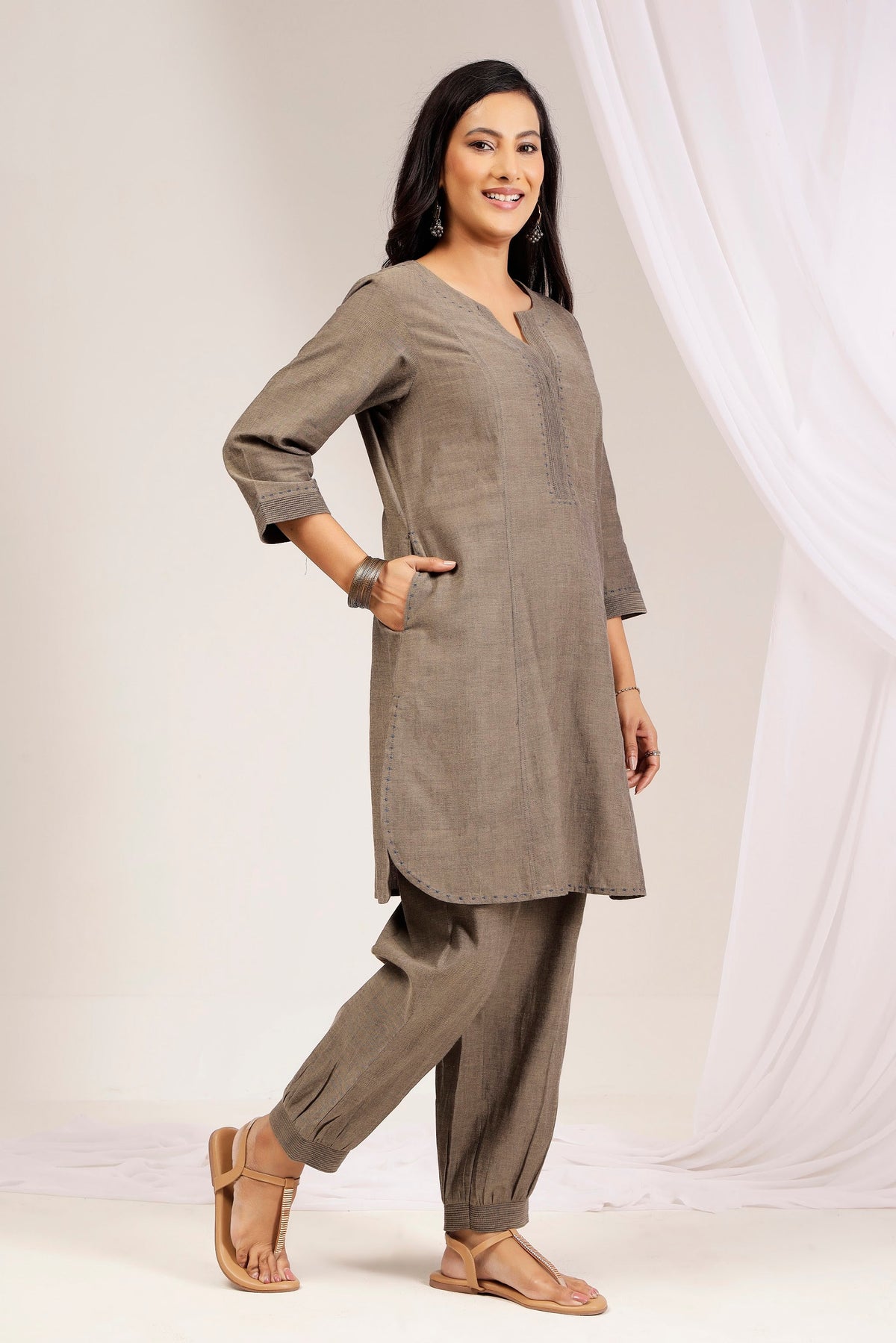Taupe Handwoven Cotton Formal Tunic & Salwar Co-ord Set