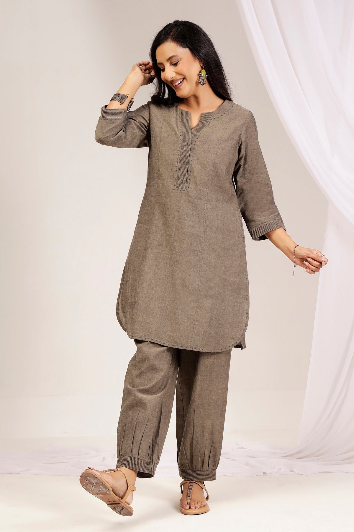 Taupe Handwoven Cotton Formal Tunic & Salwar Co-ord Set