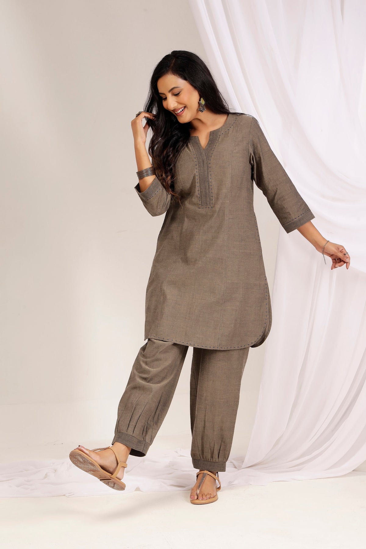 Taupe Handwoven Cotton Formal Tunic & Salwar Co-ord Set