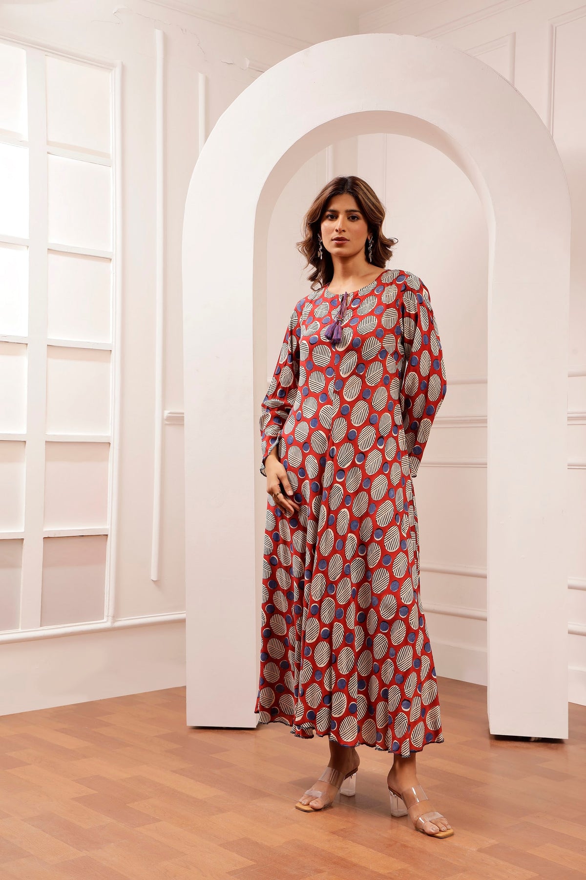 Terracotta Geometric Muslin Flare Dress with Dori Ties