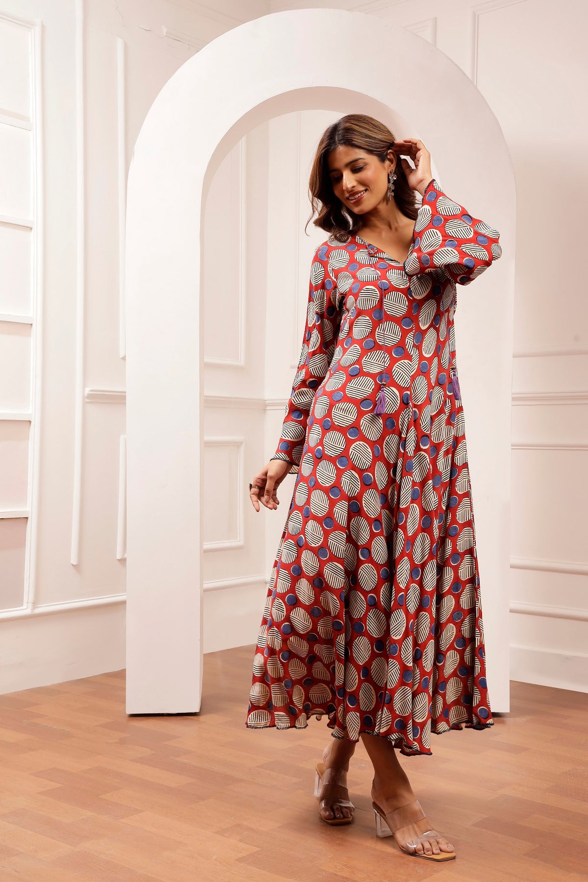 Terracotta Geometric Muslin Flare Dress with Dori Ties