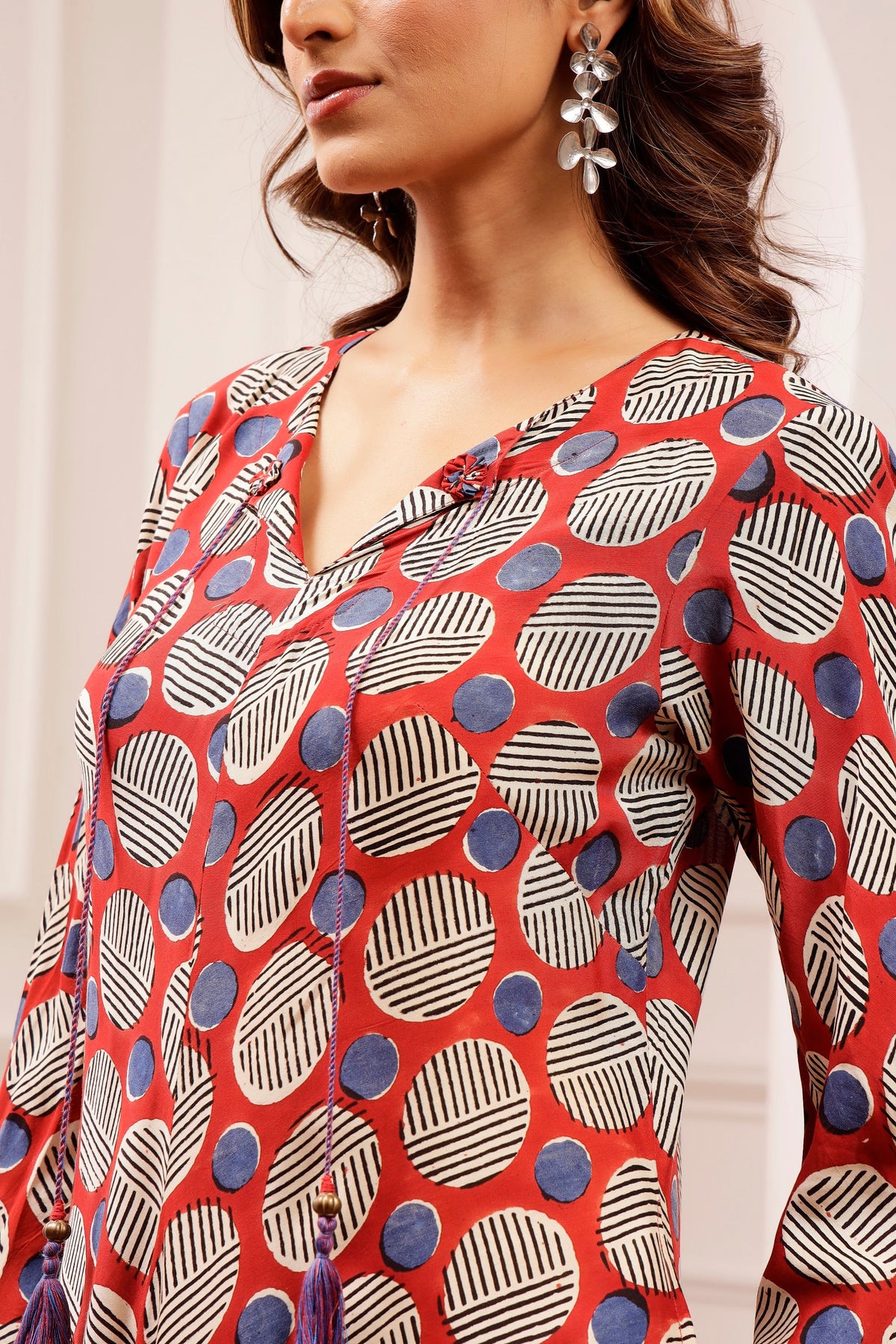 Terracotta Geometric Muslin Flare Dress with Dori Ties