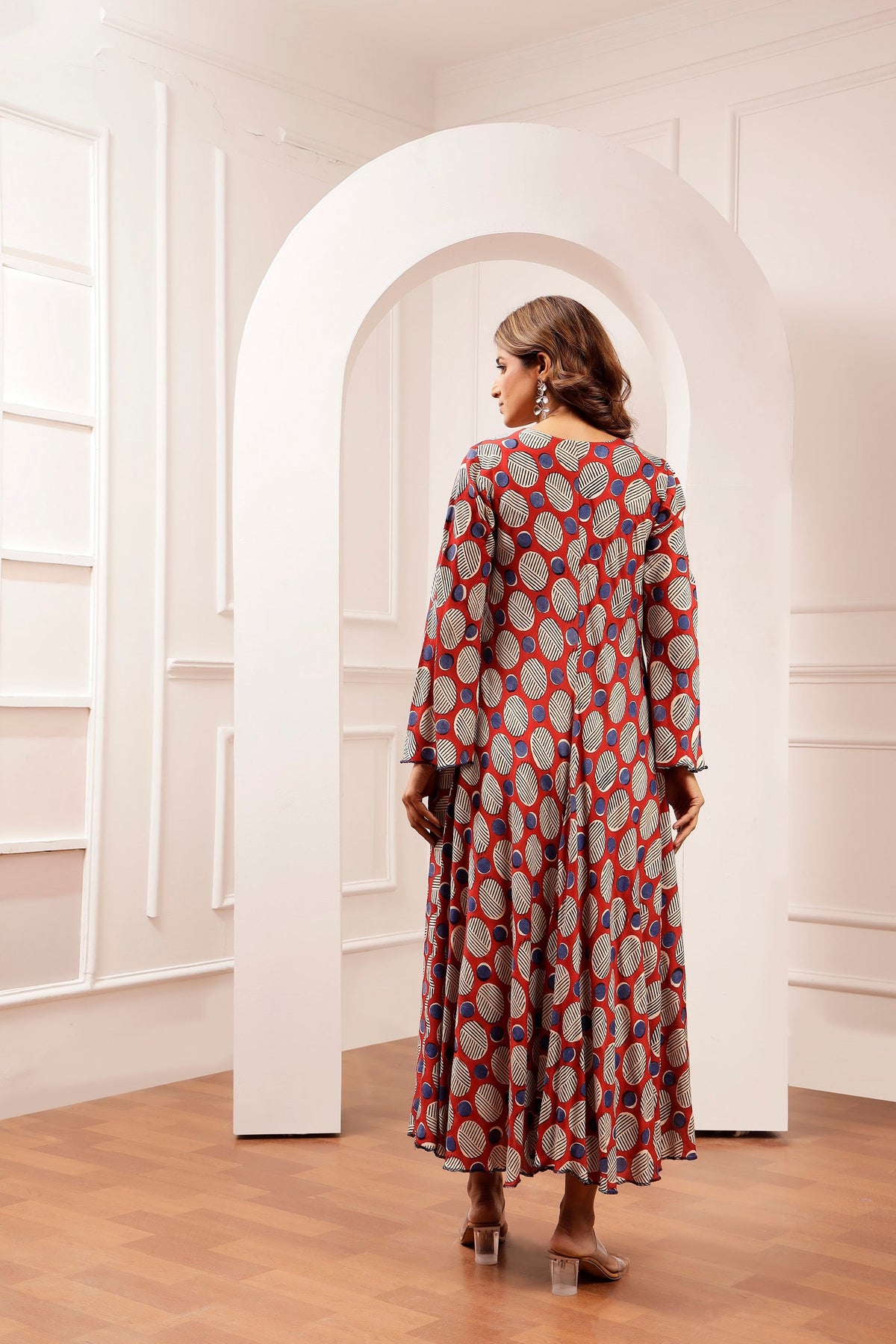 Terracotta Geometric Muslin Flare Dress with Dori Ties