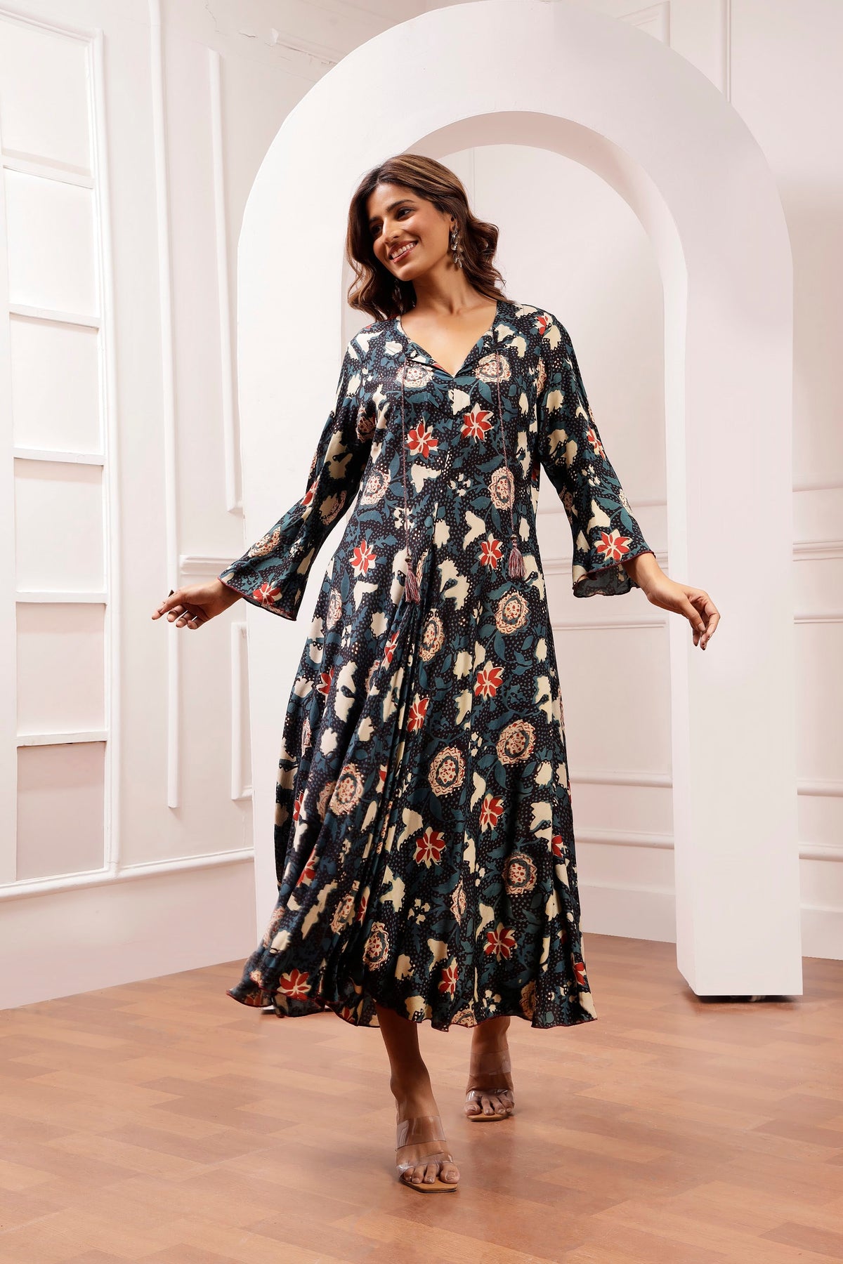 Indigo Botanical Bagru Print Muslin Bias Maxi Dress