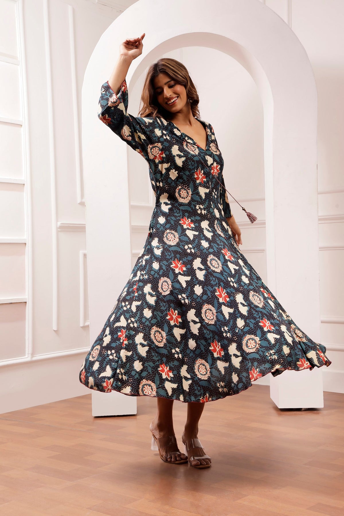 Indigo Botanical Bagru Print Muslin Bias Maxi Dress