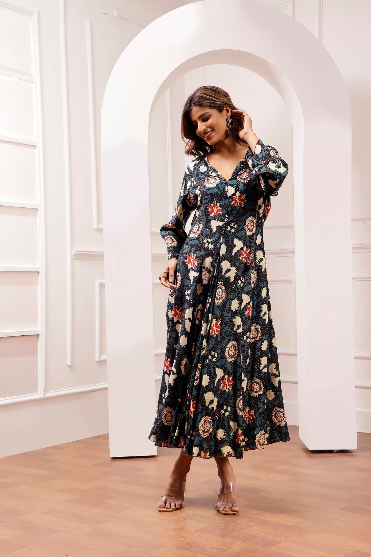Indigo Botanical Bagru Print Muslin Bias Maxi Dress
