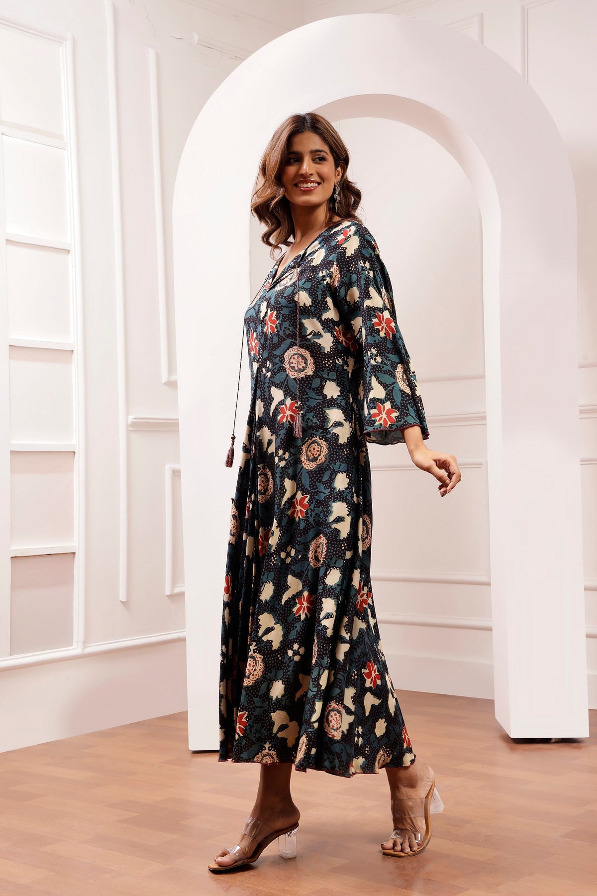 Indigo Botanical Bagru Print Muslin Bias Maxi Dress