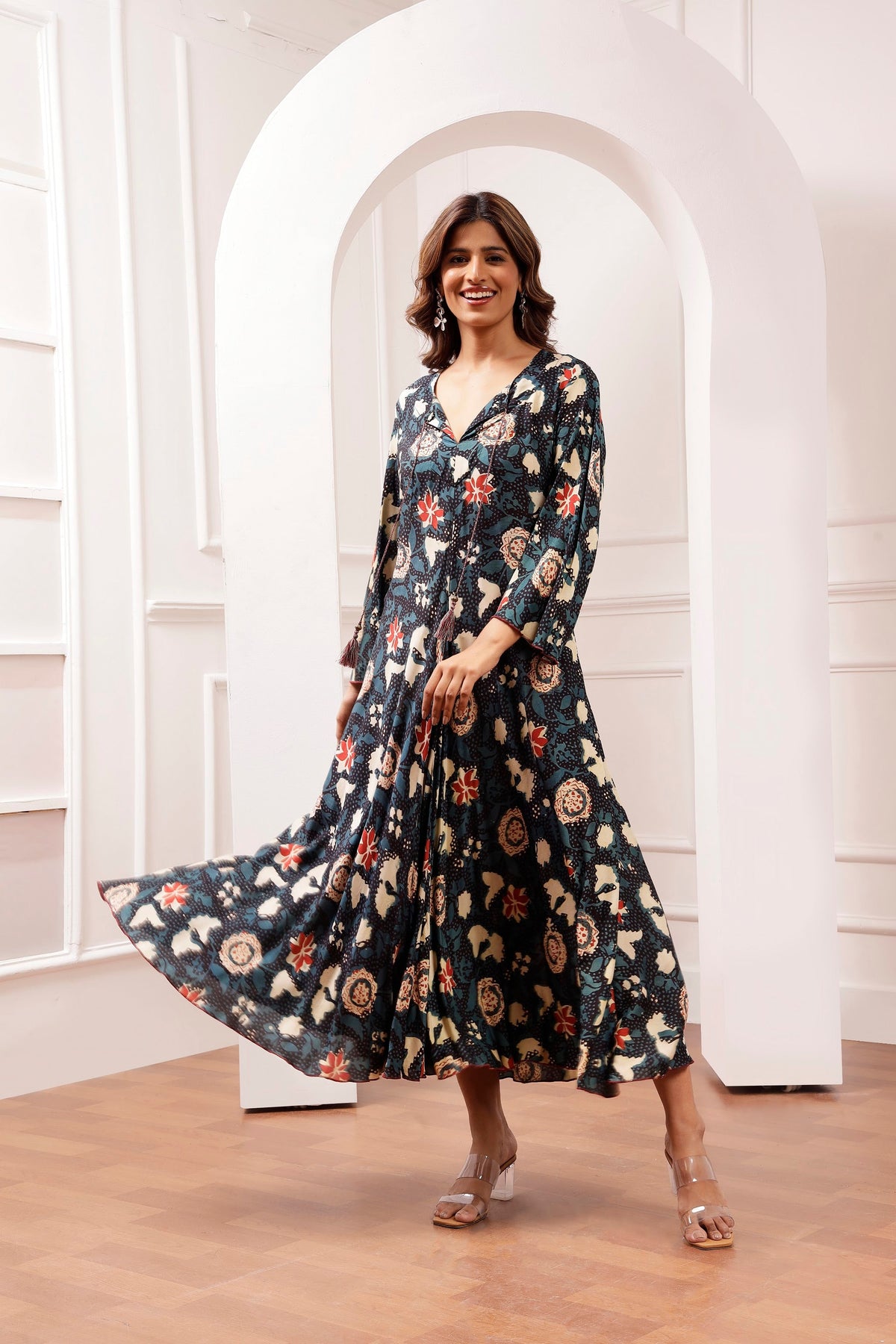 Indigo Botanical Bagru Print Muslin Bias Maxi Dress