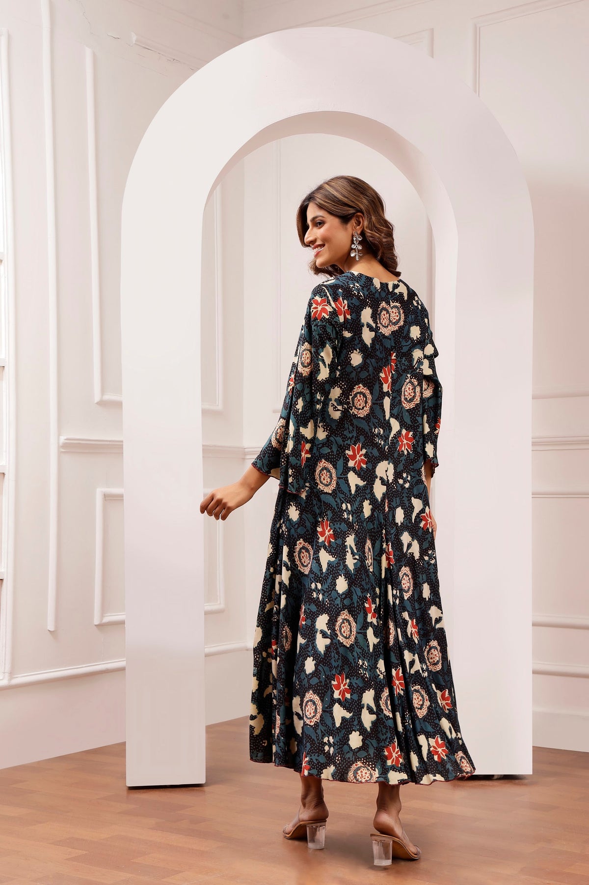 Indigo Botanical Bagru Print Muslin Bias Maxi Dress