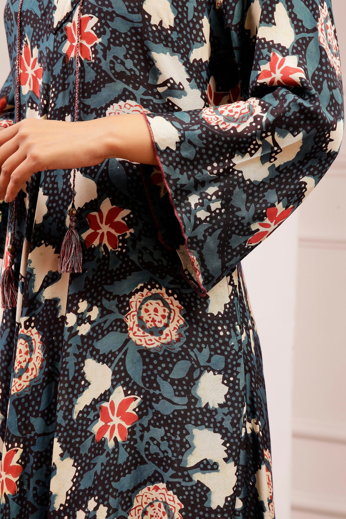 Indigo Botanical Bagru Print Muslin Bias Maxi Dress