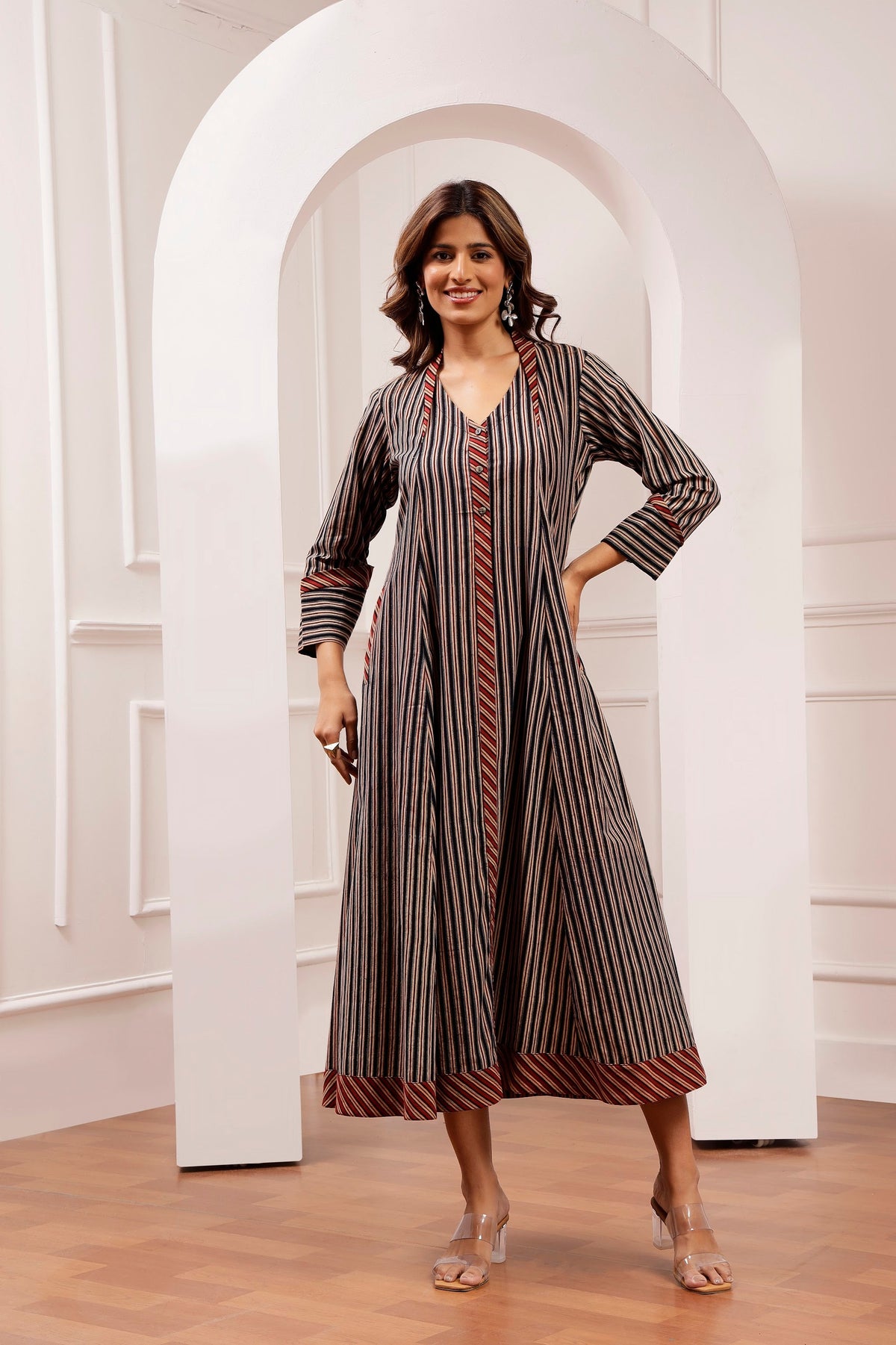 Signature Cut Ajrakh Stripe V-Neck Midi Dress