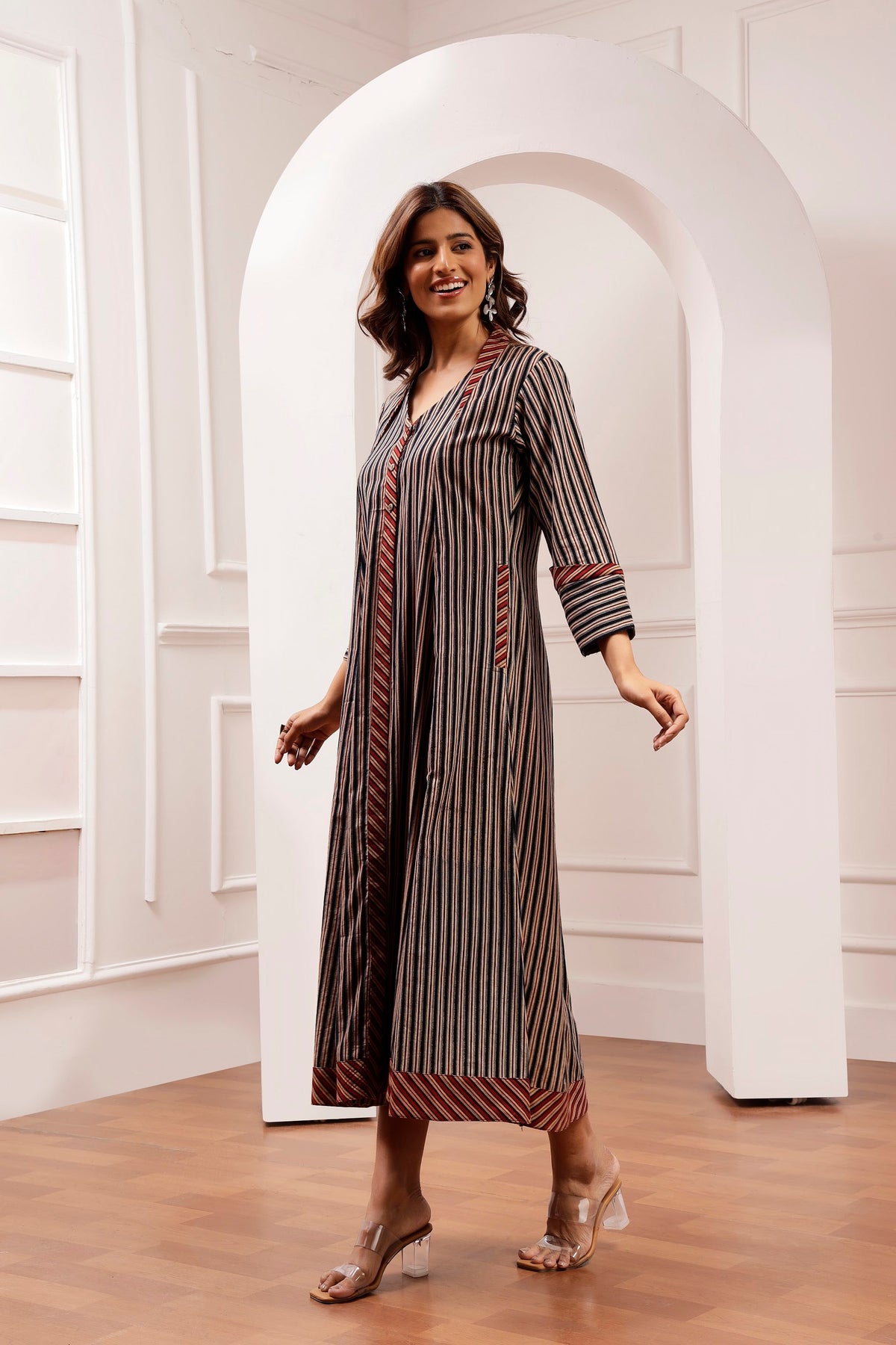 Signature Cut Ajrakh Stripe V-Neck Midi Dress