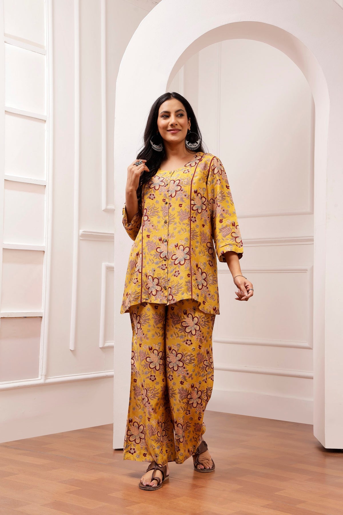 Mustard Floral Muslin Tunic & Wide-Leg Trouser co-ord Set