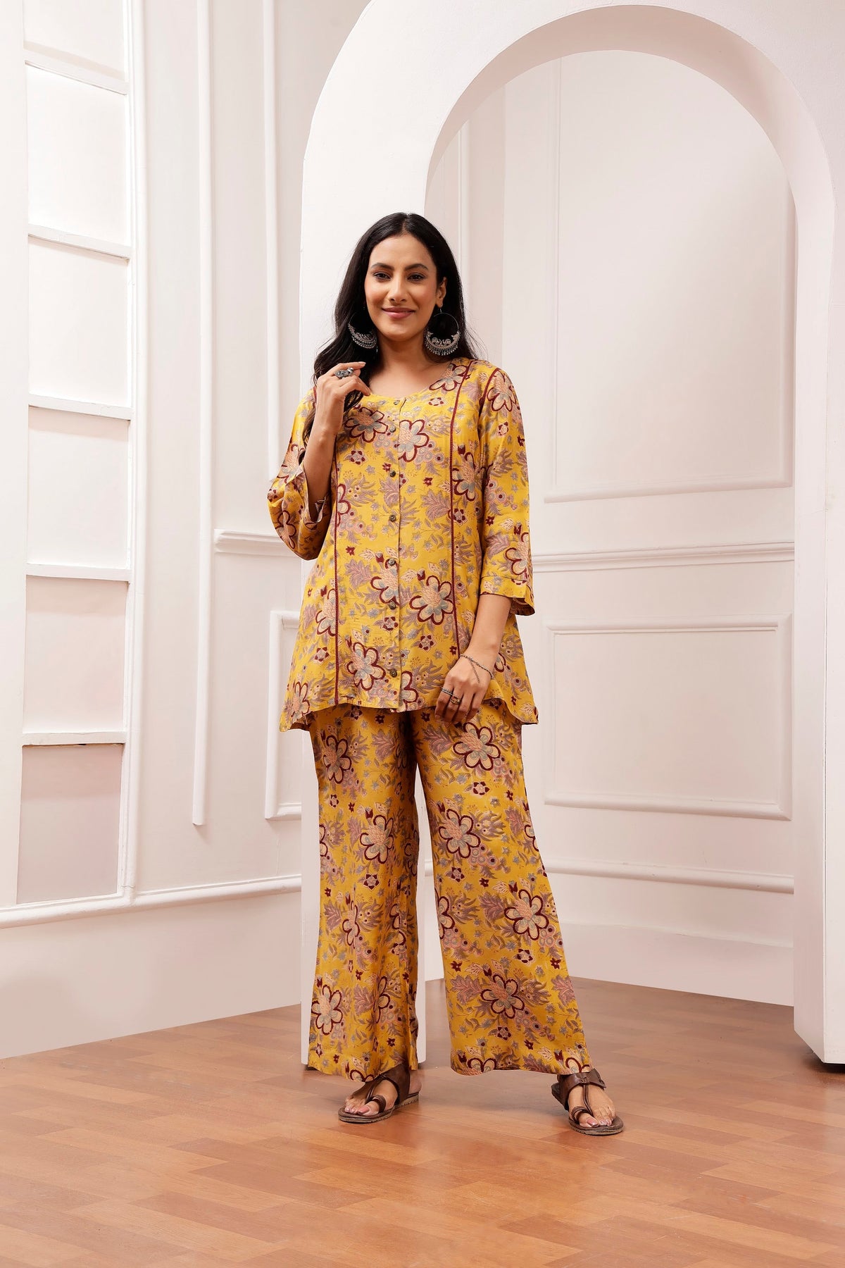 Mustard Floral Muslin Tunic & Wide-Leg Trouser co-ord Set