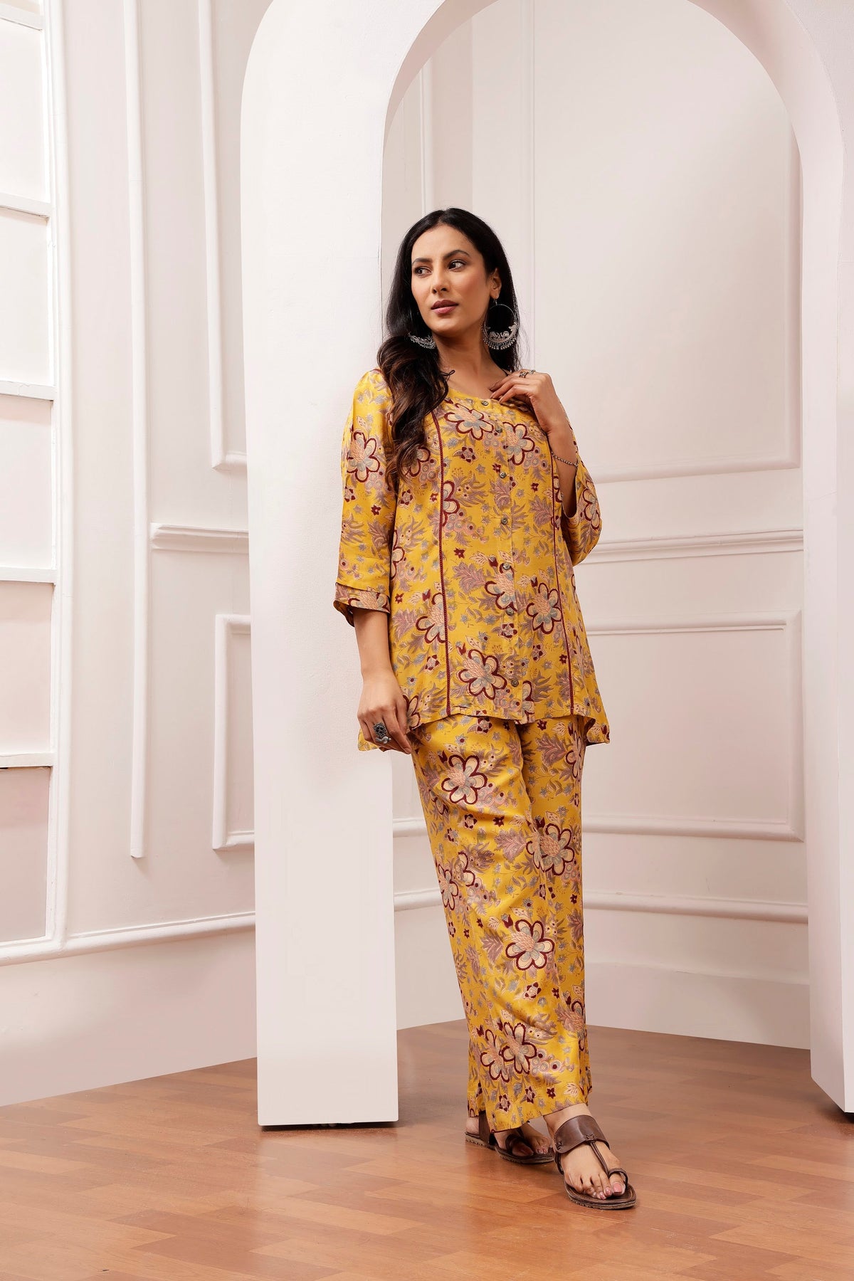 Mustard Floral Muslin Tunic & Wide-Leg Trouser co-ord Set