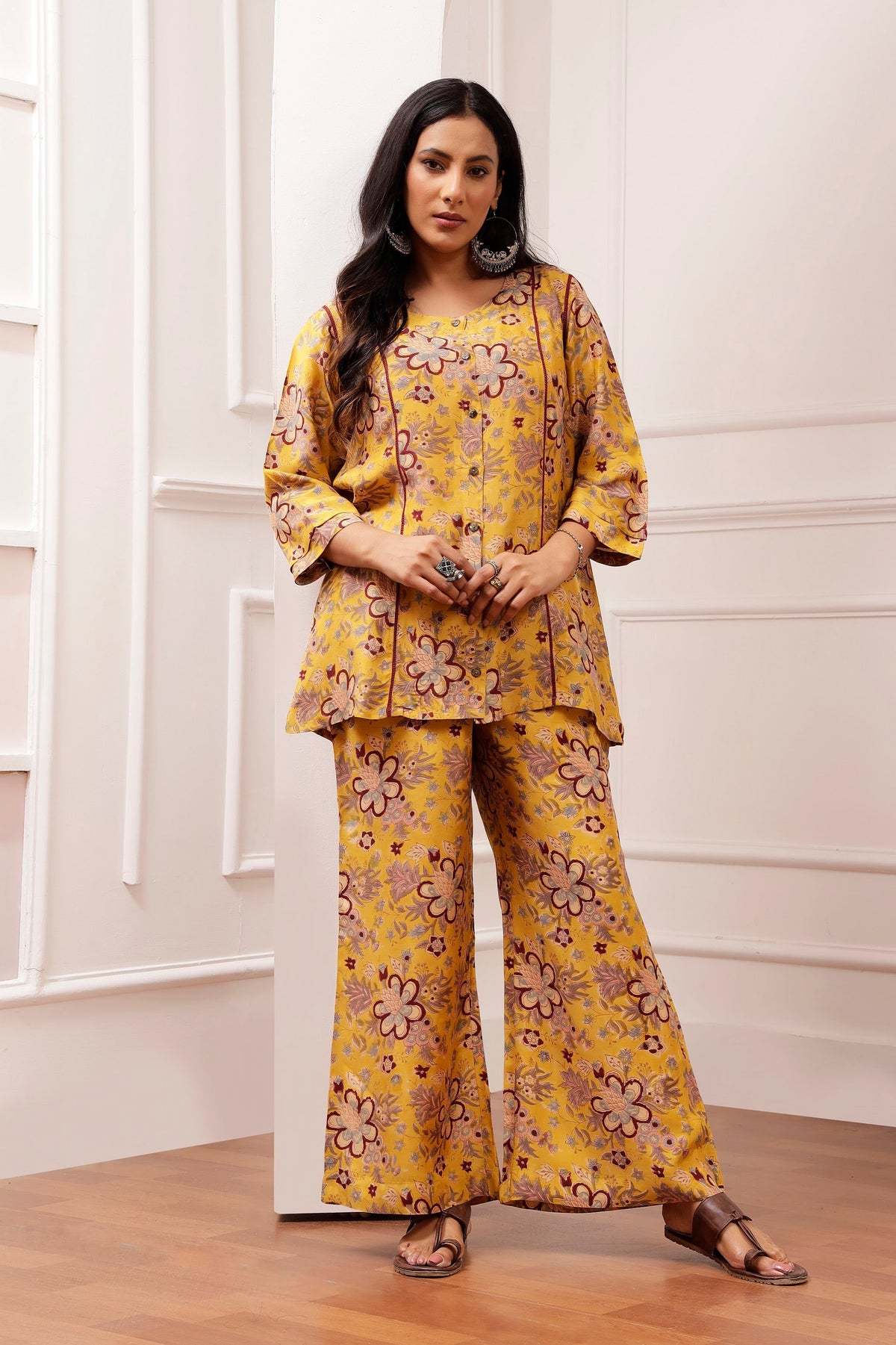 Mustard Floral Muslin Tunic & Wide-Leg Trouser co-ord Set