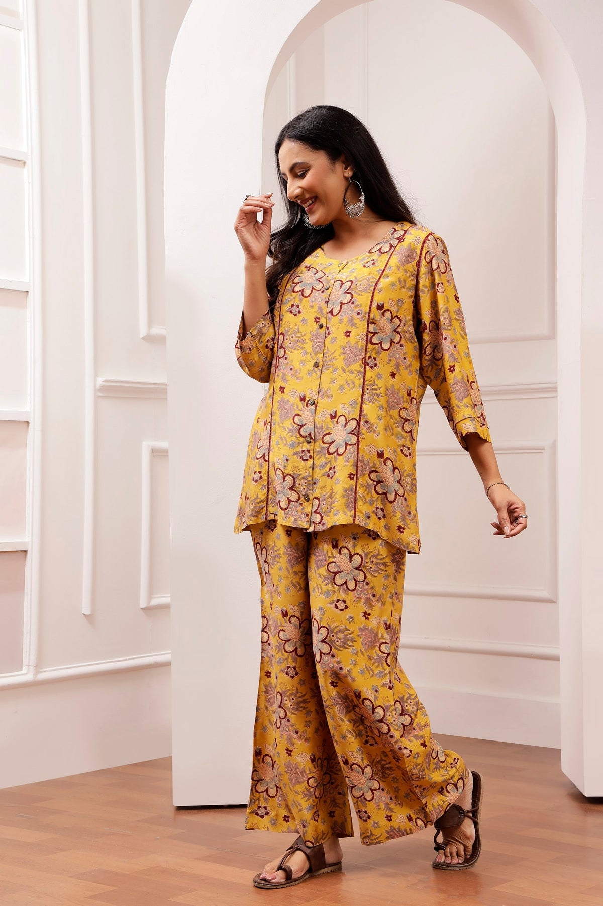 Mustard Floral Muslin Tunic & Wide-Leg Trouser co-ord Set
