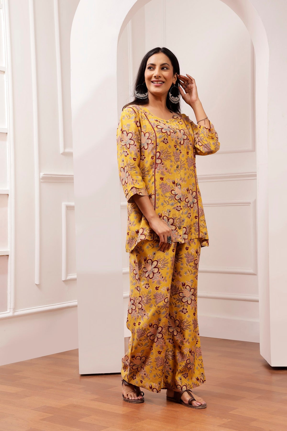 Mustard Floral Muslin Tunic & Wide-Leg Trouser co-ord Set