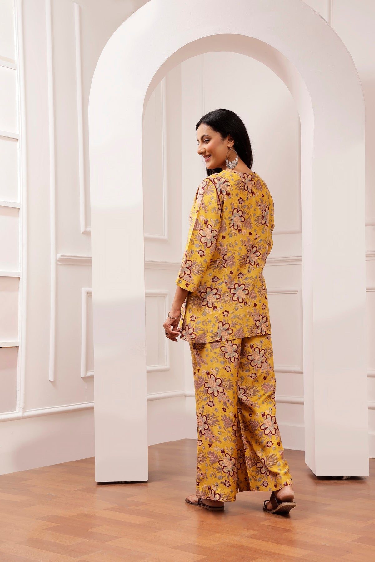 Mustard Floral Muslin Tunic & Wide-Leg Trouser co-ord Set