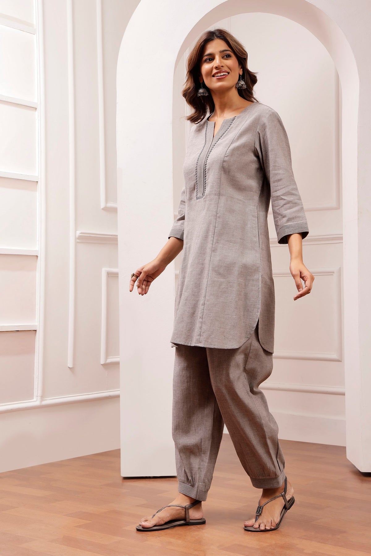 Steel Grey Shot Cotton Pintuck & Salwar Pant Set
