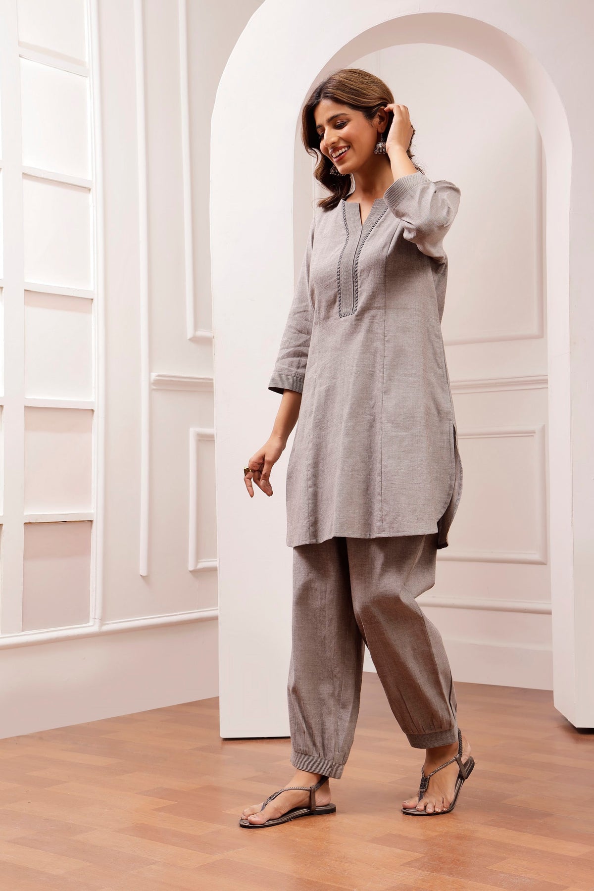 Steel Grey Shot Cotton Pintuck & Salwar Pant Set