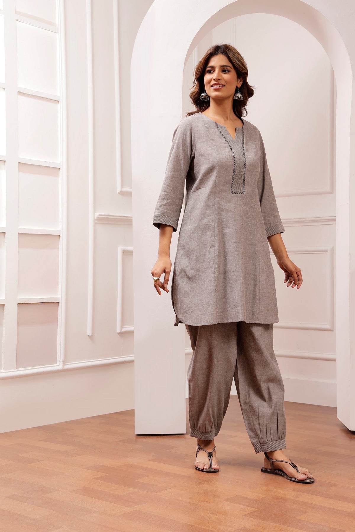 Steel Grey Shot Cotton Pintuck & Salwar Pant Set