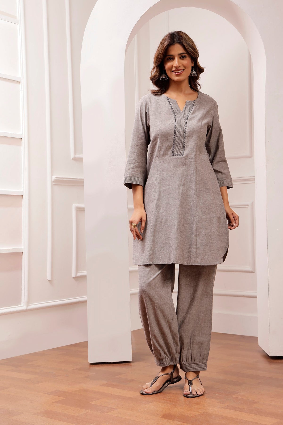 Steel Grey Shot Cotton Pintuck & Salwar Pant Set