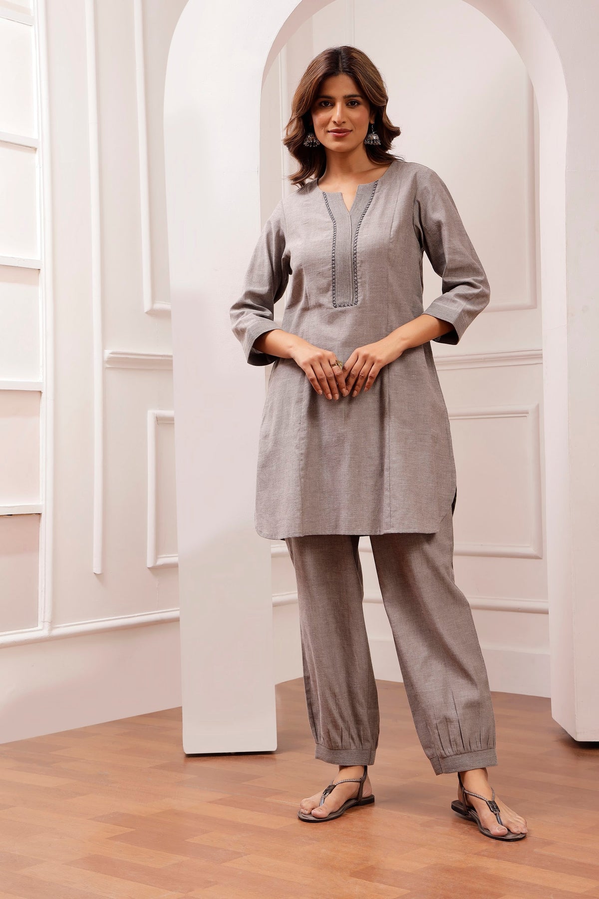 Steel Grey Shot Cotton Pintuck & Salwar Pant Set