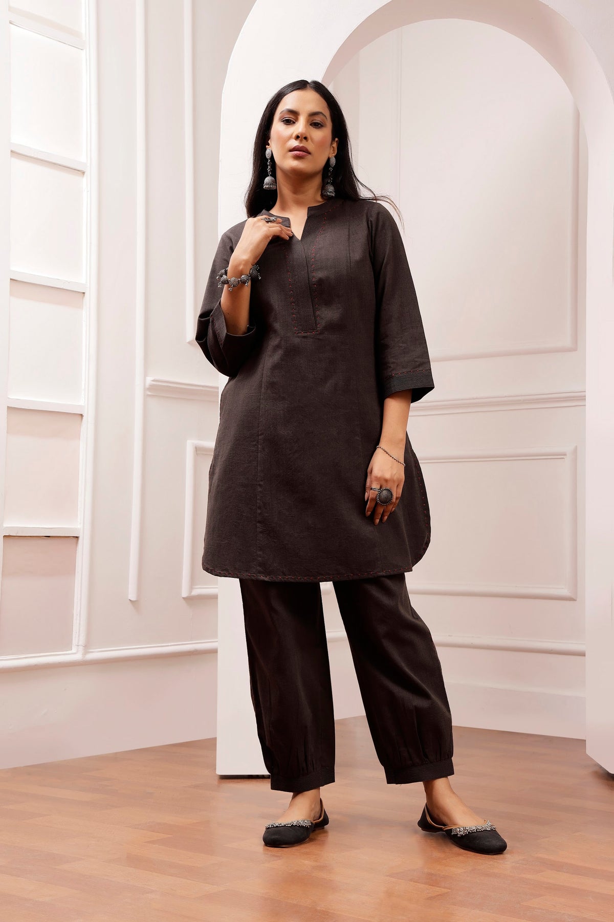 Charcoal Handwoven Cotton Tunic & Salwar Co-ord Set