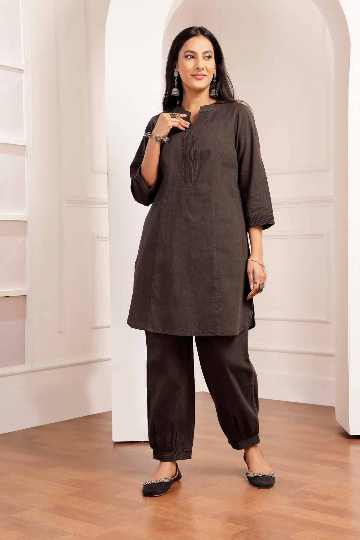 Charcoal Handwoven Cotton Tunic & Salwar Co-ord Set