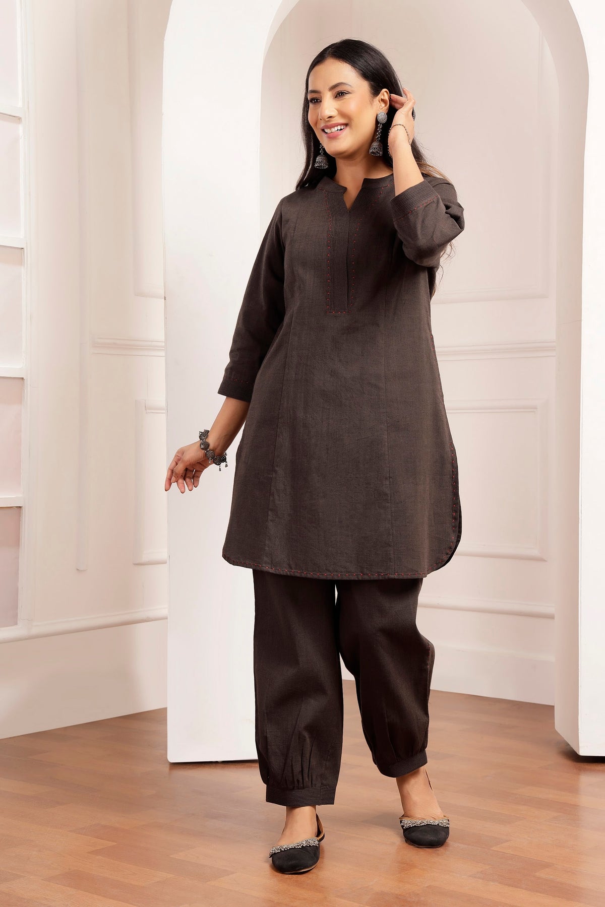 Charcoal Handwoven Cotton Tunic & Salwar Co-ord Set