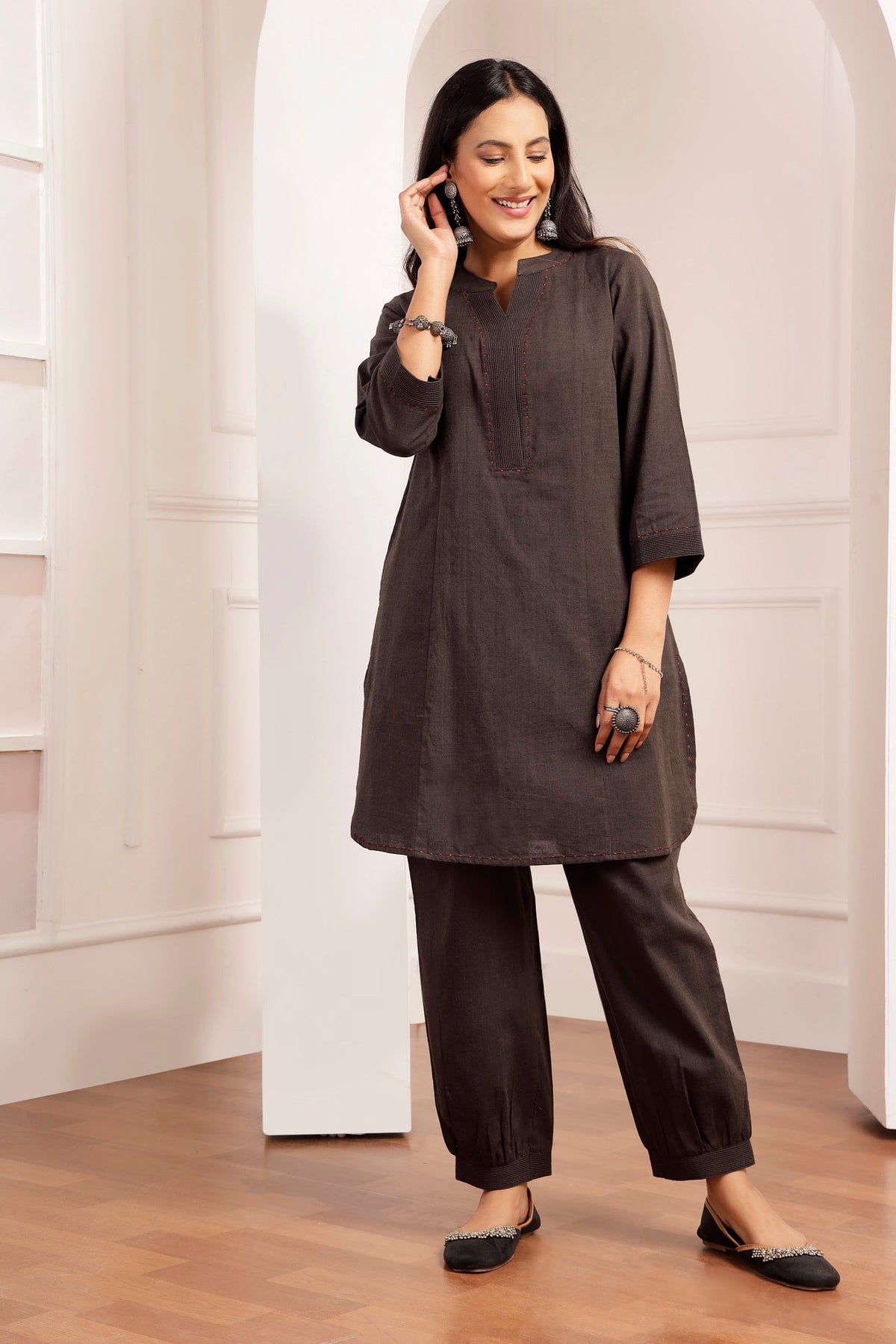Charcoal Handwoven Cotton Tunic & Salwar Co-ord Set