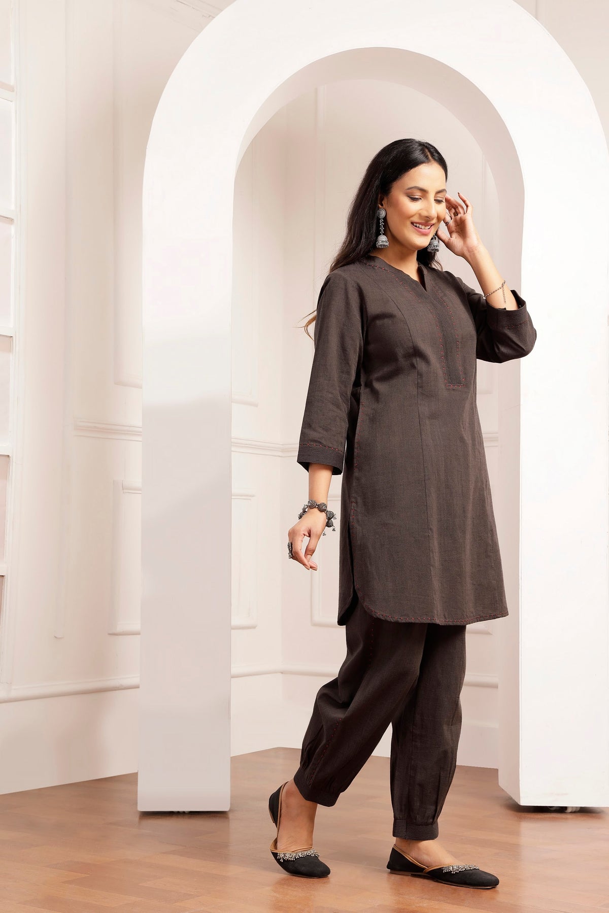 Charcoal Handwoven Cotton Tunic & Salwar Co-ord Set