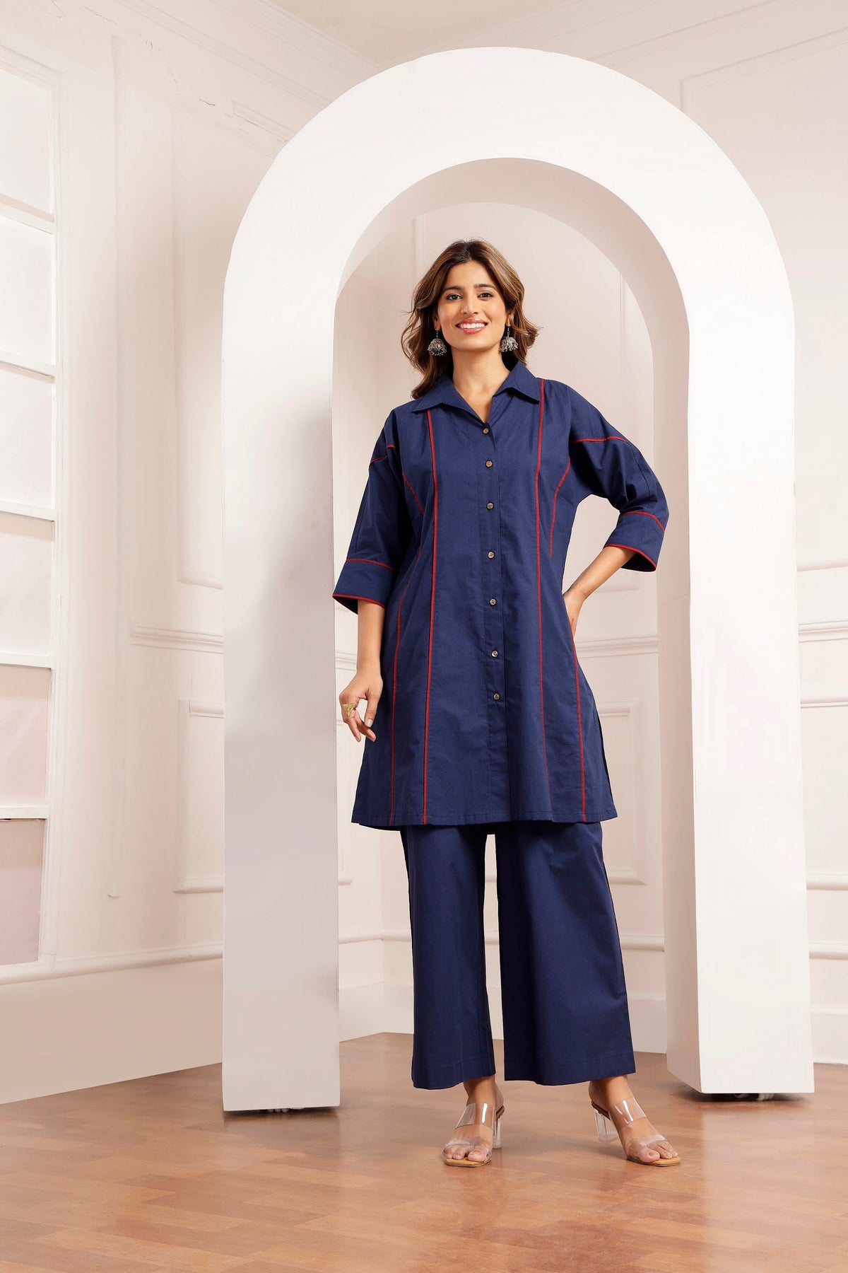 Navy Poplin Shirt Tunic & Wide-Leg Pants Set