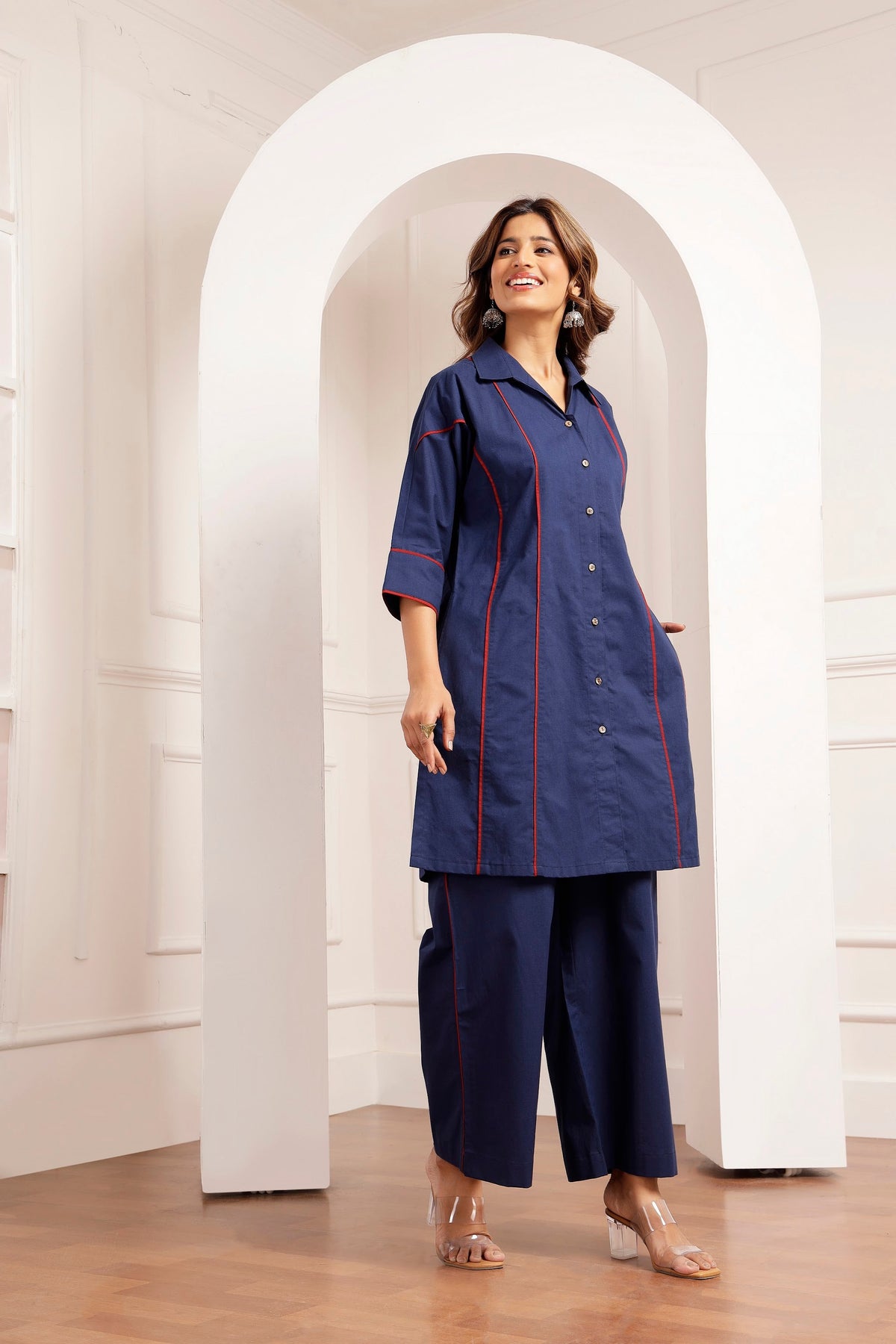 Navy Poplin Shirt Tunic & Wide-Leg Pants Set