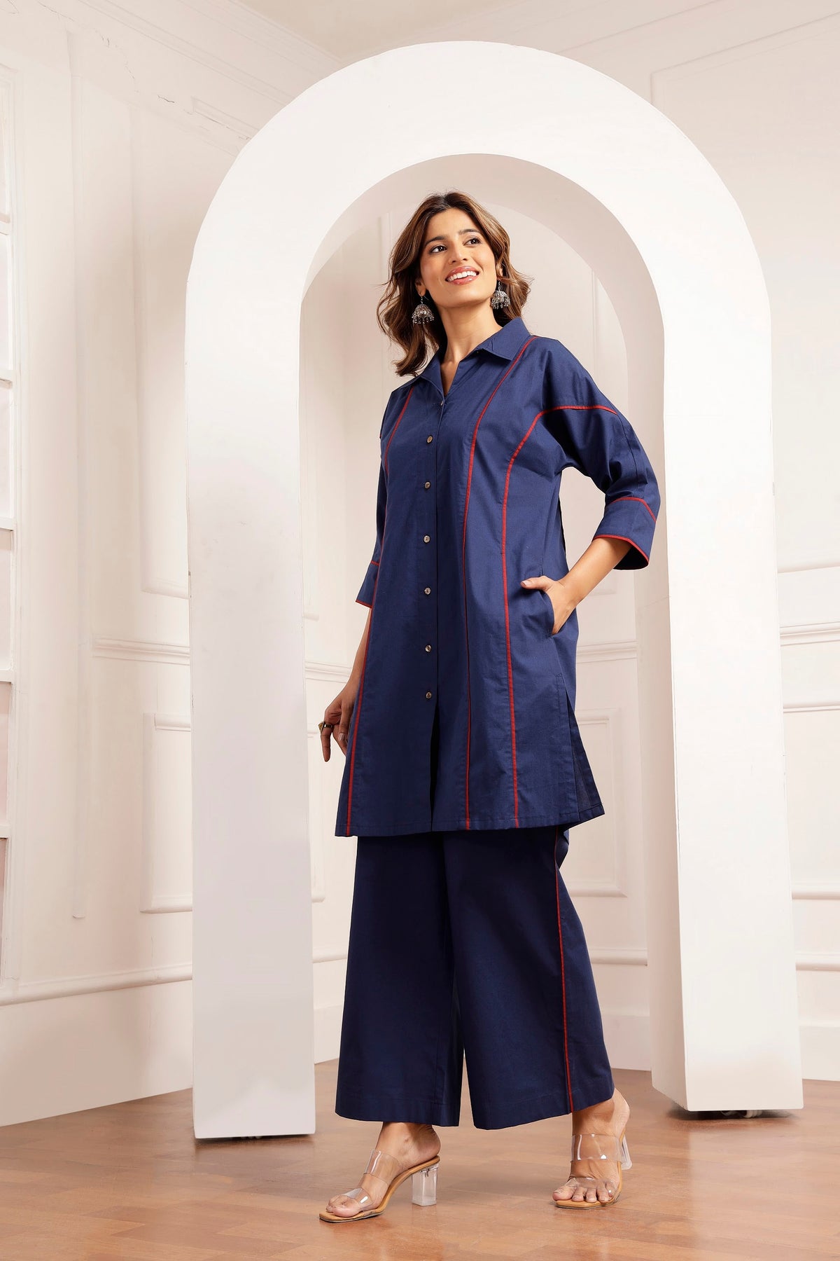 Navy Poplin Shirt Tunic & Wide-Leg Pants Set